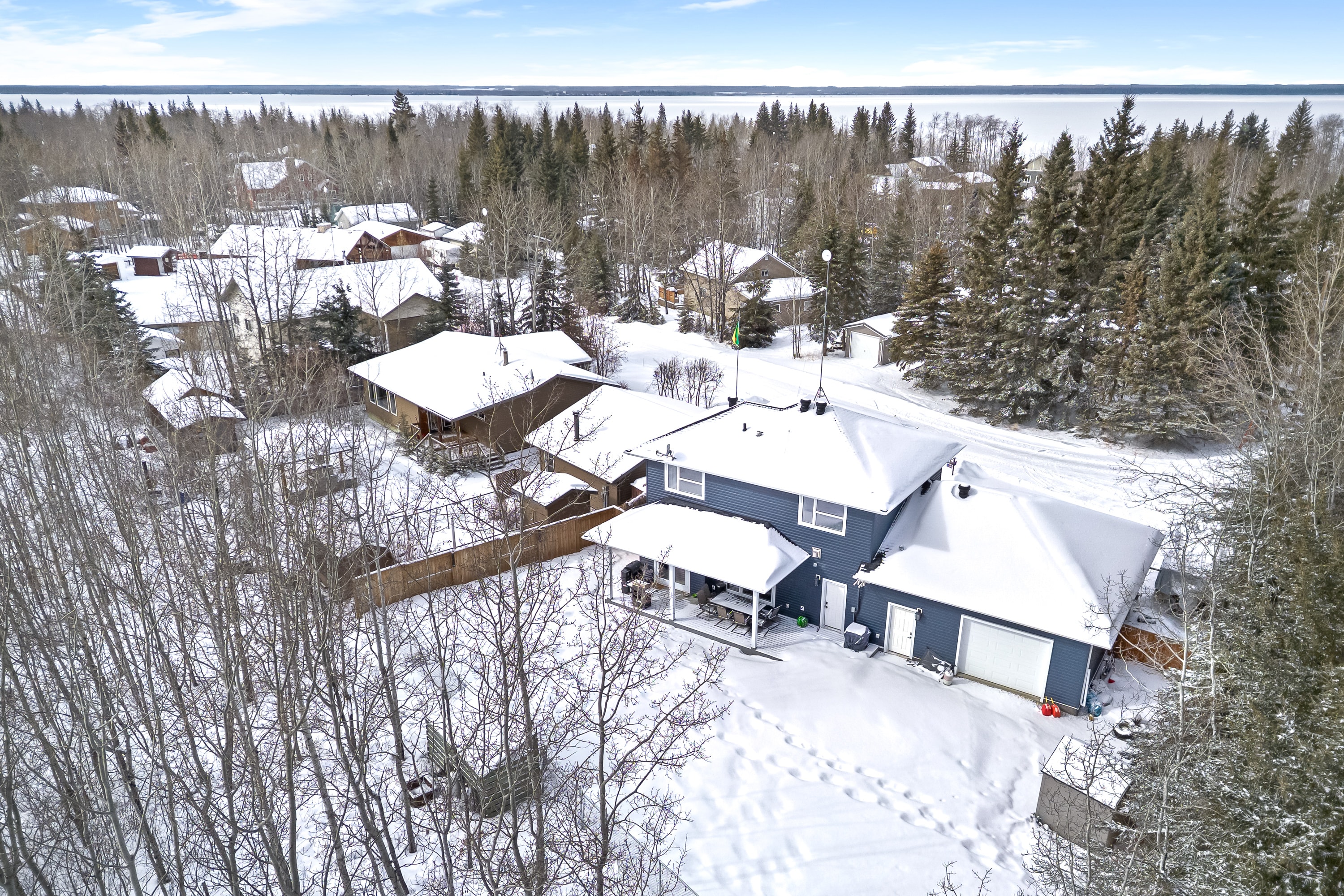 Aerial view of the Lake House property and surrounding shoreline in winter