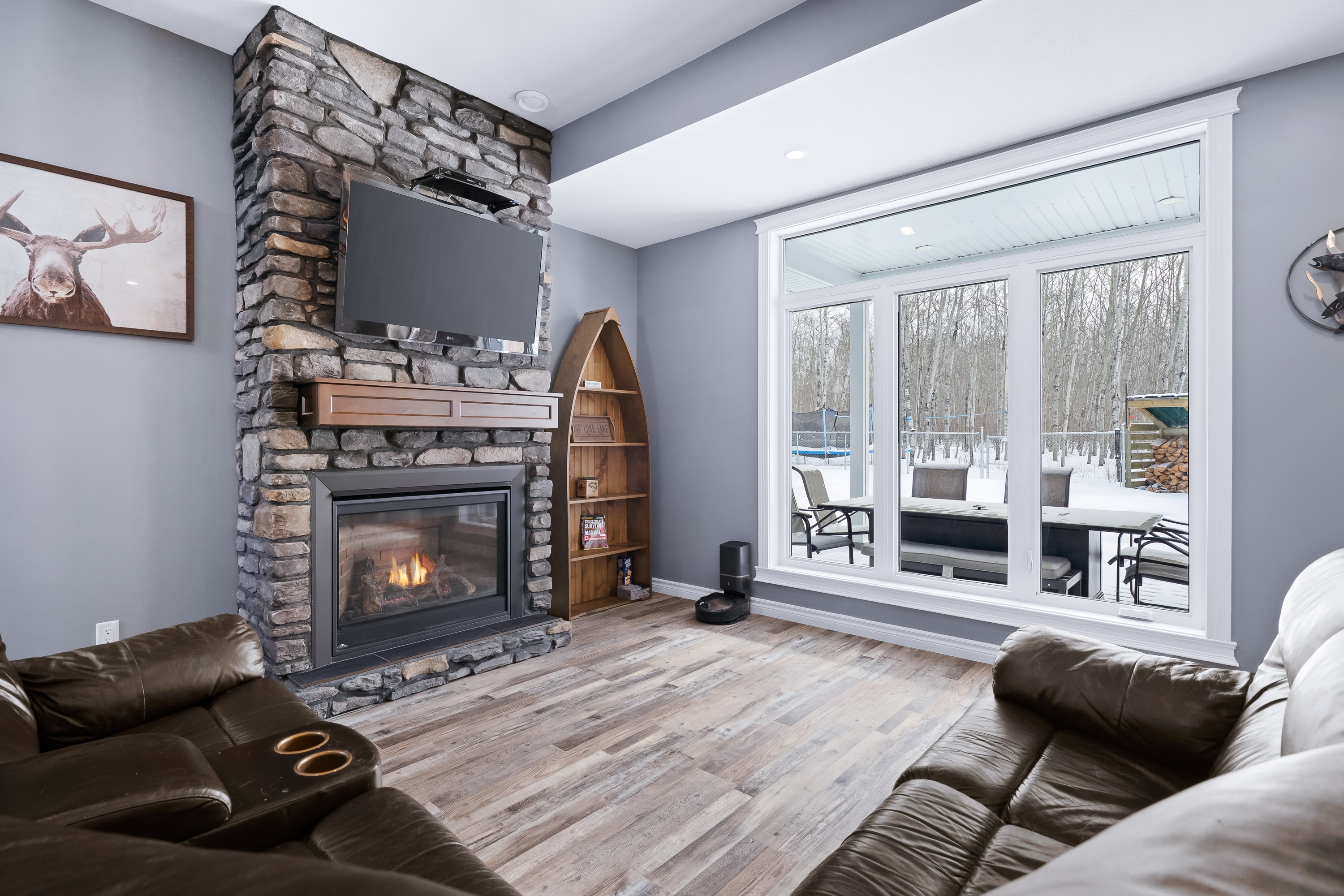 Lake house exterior in winter
