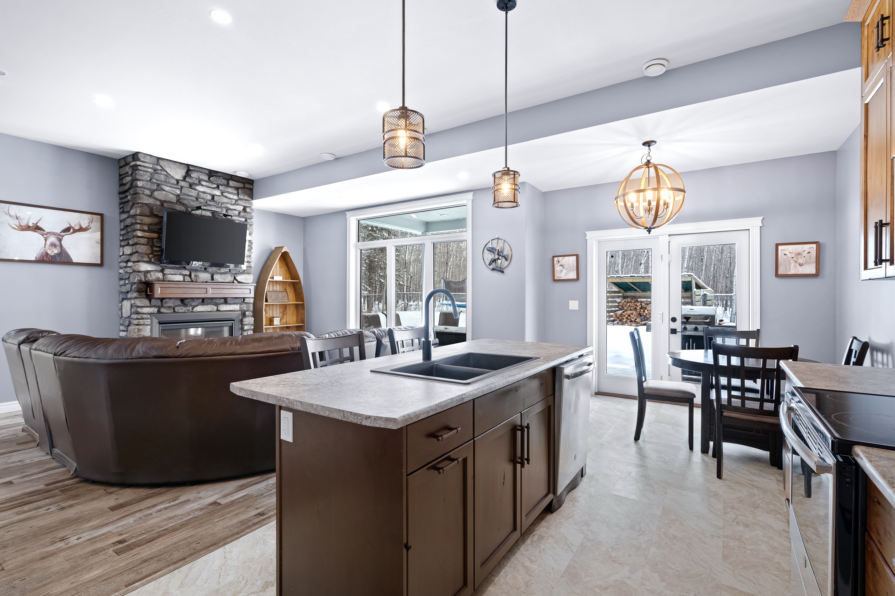 Lake house kitchen and open living space